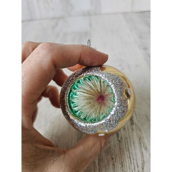 Vintage Austria yellow reflector ball vintage ornament polka dot glitter silver - Picture 7 of 9